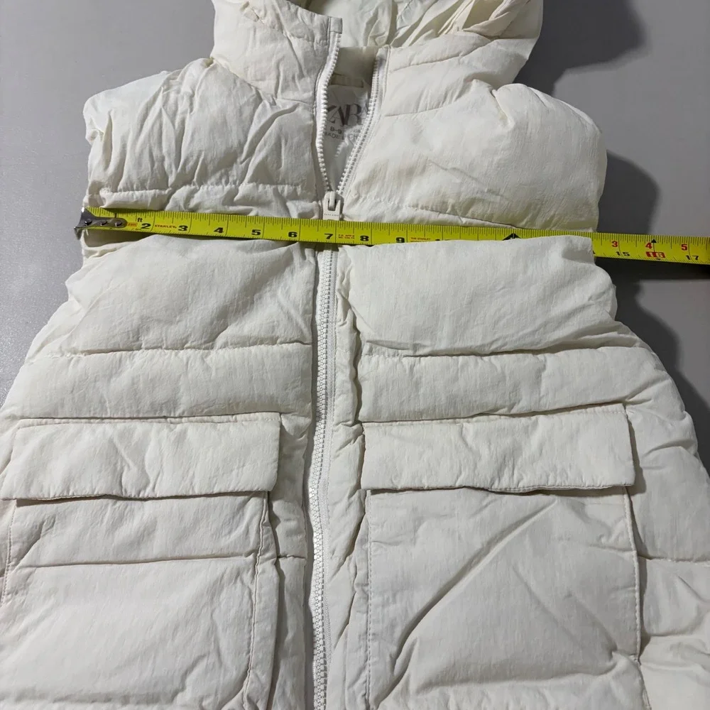 Zara Kids Hooded Puffer Vest Cream Off-White Full Zip Pockets Sz 8-9 Years 130